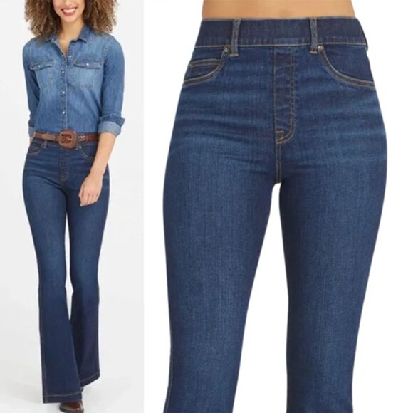 Spanx Flare Jeans Midnight Blue Shade Pull On Stretch High Waist L Petite $148 - Picture 3 of 16